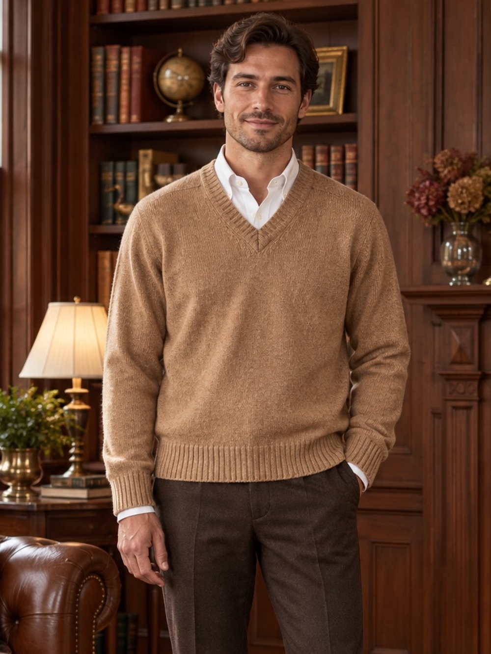 Vintage Washable Pure Virgin Wool V-Neck Sweater Men L Old Money Layering Tan
